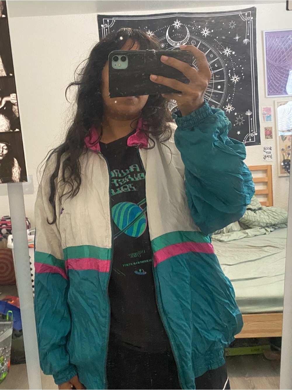Vintage Colorblock Windbreaker Jacket in Teal, White, and Pink